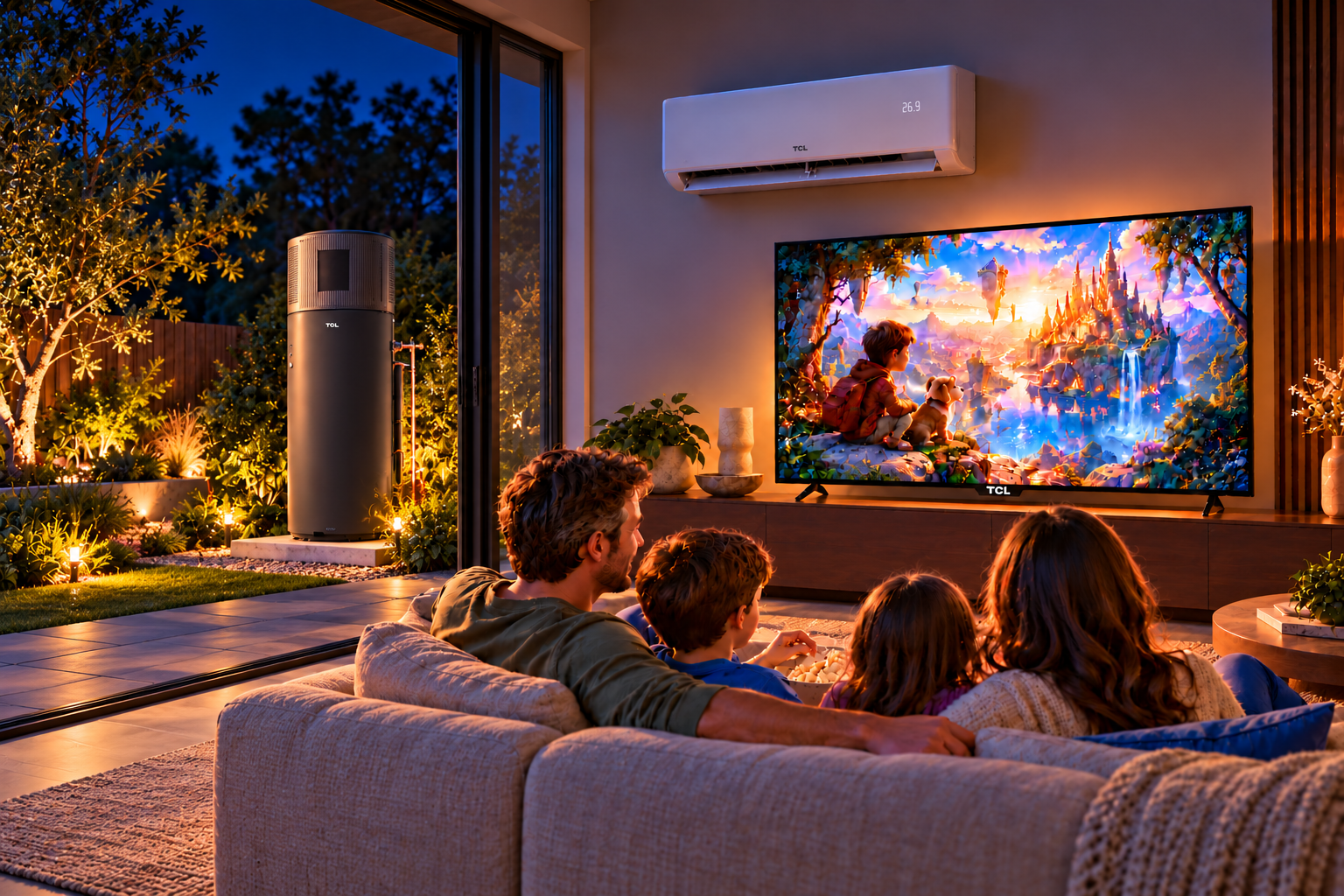 Family watching TV at night with a TCL split system indoors and a heat pump outside